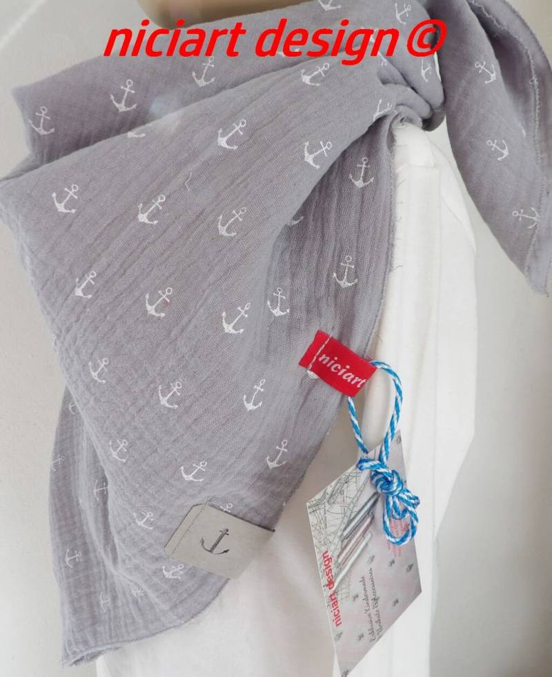 Niciart Designer Kinder Halstuch Wende Kinderschal Dreieckstuch Musselintuch Hellgrau Anker Musselin 100% Baumwolle von niciartdesign