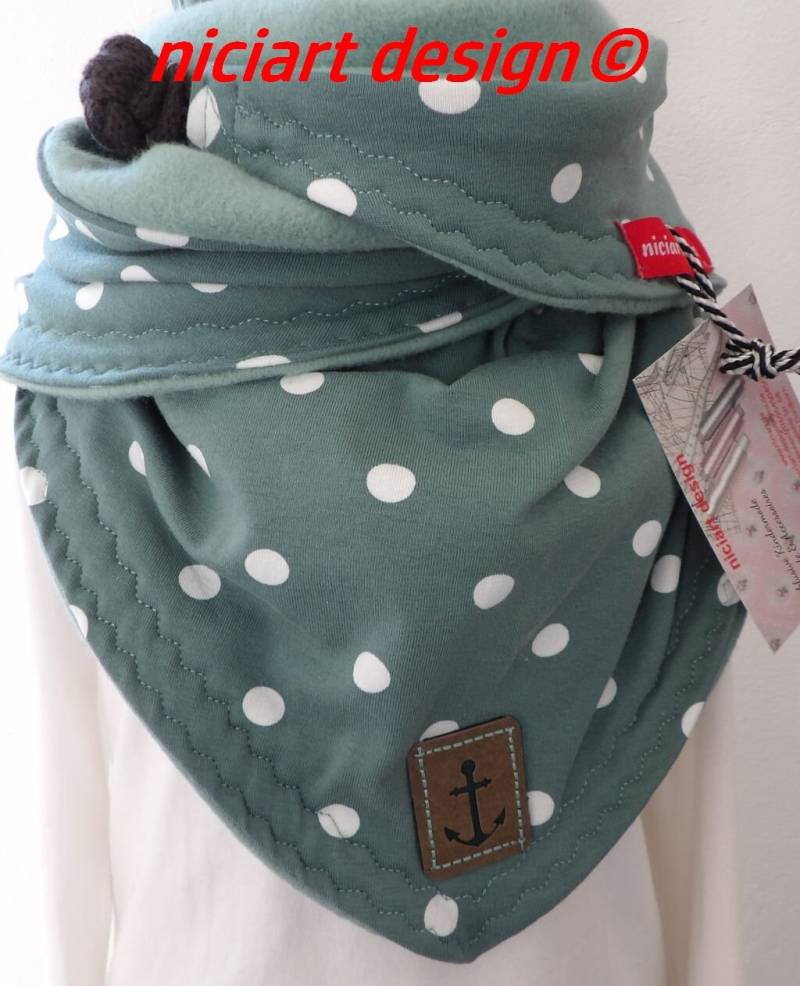 Niciart Designer Kinder Wickelschal Dreiecksschal Dreieckstuch Bw Jersey Baumwollfleece Altgrün Mint Punkte Dots Anker von niciartdesign