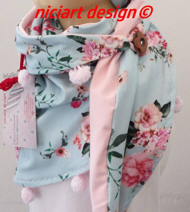 Niciart Designer Kinder Wickelschal Dreiecksschal Dreieckstuch Schal Wendetuch Jerseytuch Mint Blumen Knopf U Schlaufe von niciartdesign