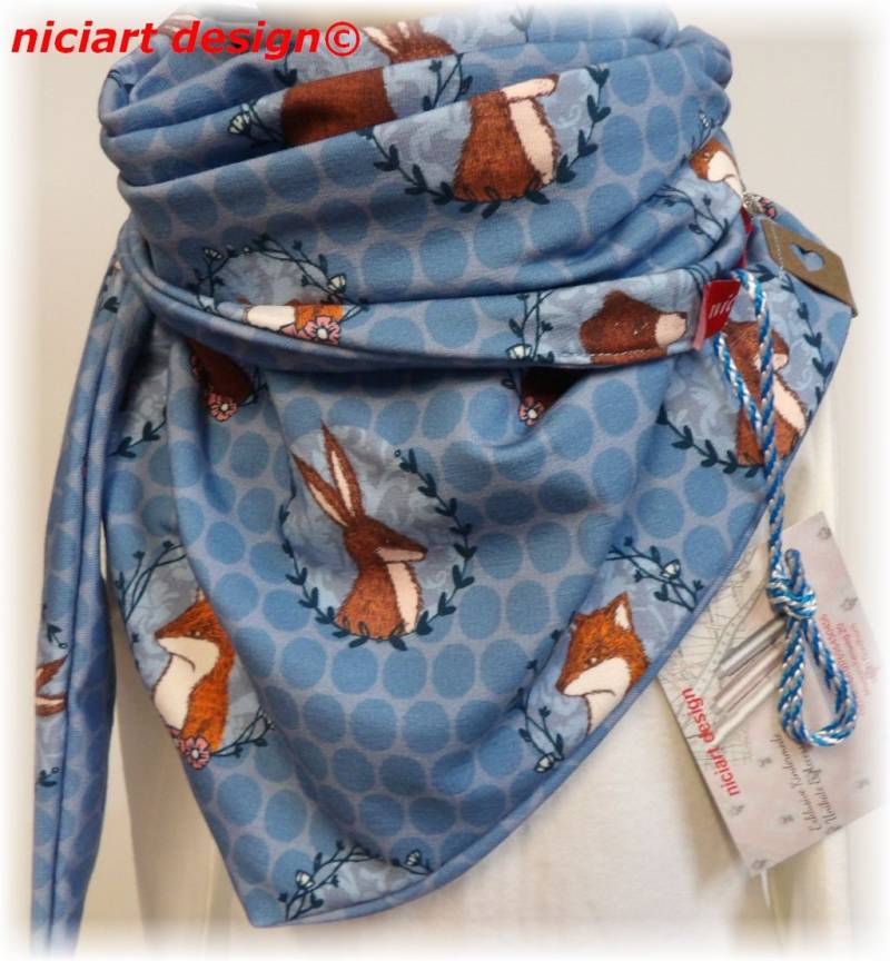 Niciart Designer Kinder Wickelschal Dreiecksschal Dreieckstuch Schal Wendetuch Sommersweat Waldtiere Hellblau Braun Knopf U Schlaufe von niciartdesign