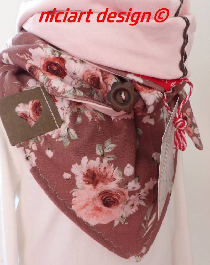 Niciart Designer Kinder Wickelschal Dreieckstuch Dreiecksschal Bw Jersey Hellbraun Altrosa Rost Rosen Knöpfe U Schlaufe Z Fixieren von niciartdesign