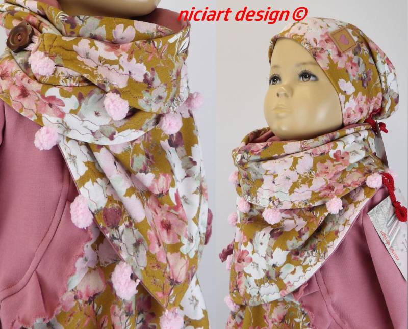 Niciart Designer Kinder Wickelschal Dreieckstuch Dreiecksschal Bw Jersey Senfgelb Buntig Flowers Knöpfe U Schlaufe Z Fixieren O Stirnband von niciartdesign