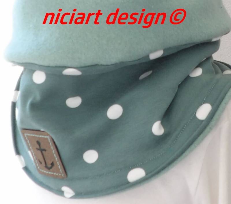 Niciart Designer Kinderloop Jersey & Baumwollfleece Loopschal Schal Scarf Kids Altgrün Punkte Dots Anker von niciartdesign