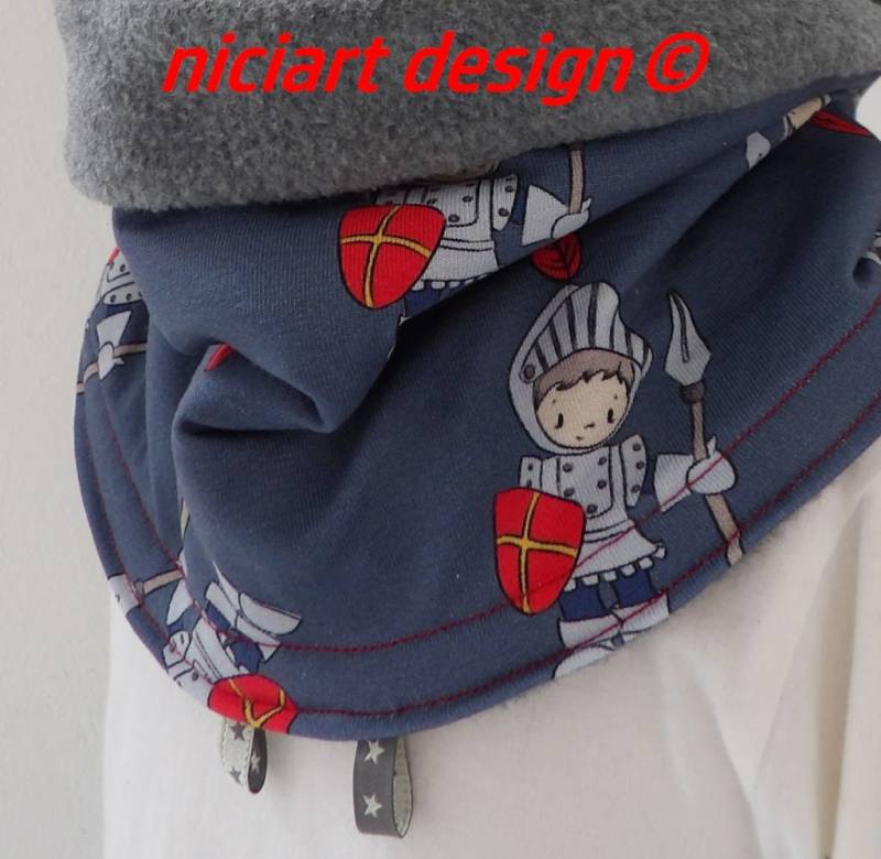 Niciart Designer Kinderloop Jersey & Polarfleece Loopschal Schal Scarf Kids Grau Blau Rot Ritter Kuschelig von niciartdesign