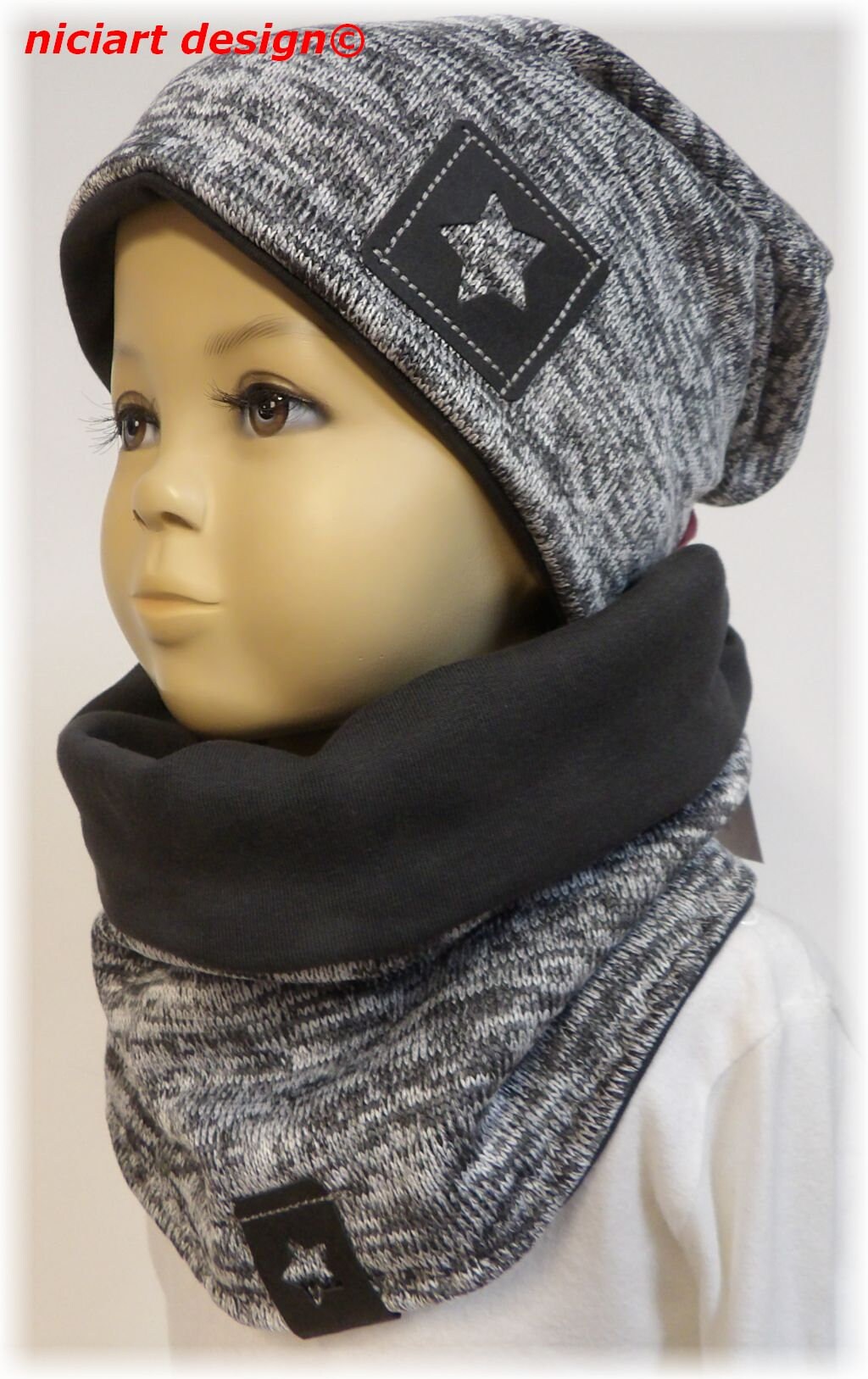 Niciart Designer Set Beanie & Loop Schal Kuschel Mütze Beaniemütze Strick U Sweat O Fleecefutter Grau Meliert von niciartdesign