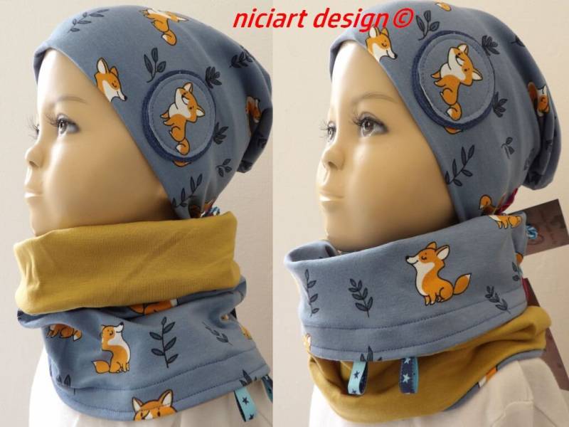 Niciart Designer Set Frühjahr Sommer Mütze U Loop Tube Beanie & Halstuch Bw Jersey Jeansblau Senfgelb Fuchs von niciartdesign