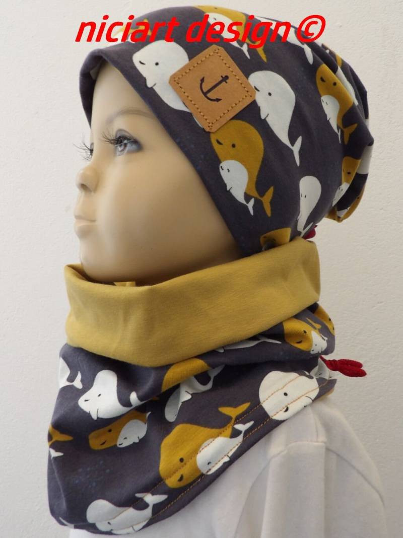 Niciart Designer Set Frühjahr Sommer Mütze U Loop Tube Beanie & Halstuch Jersey Grau Senfgelb Wale von niciartdesign