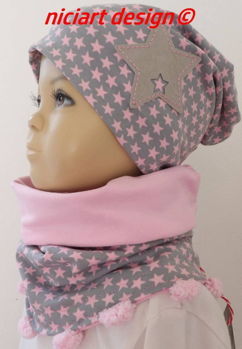 Niciart Designer Set Jersey Beanie & Loop M Bommeln Loopschal Halstuch Mütze Grau Rosa Sternchen von niciartdesign
