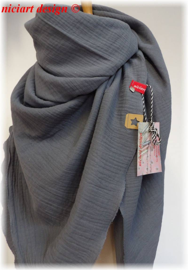 Niciart Designer Xxl Damen Damentuch Musselintuch Damenschal Dreieckstuch Schal Grau 100% Baumwollemusselin von niciartdesign