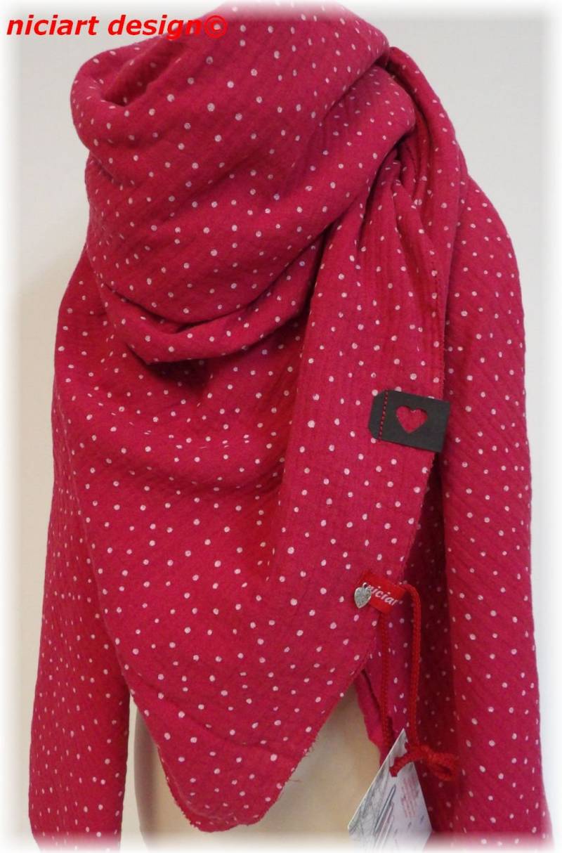 Niciart Designer Xxl Damen Damentuch Musselintuch Damenschal Dreieckstuch Schal Himberrot Rot Pünktchen 100% Baumwolle Musselin Double Gauze von niciartdesign