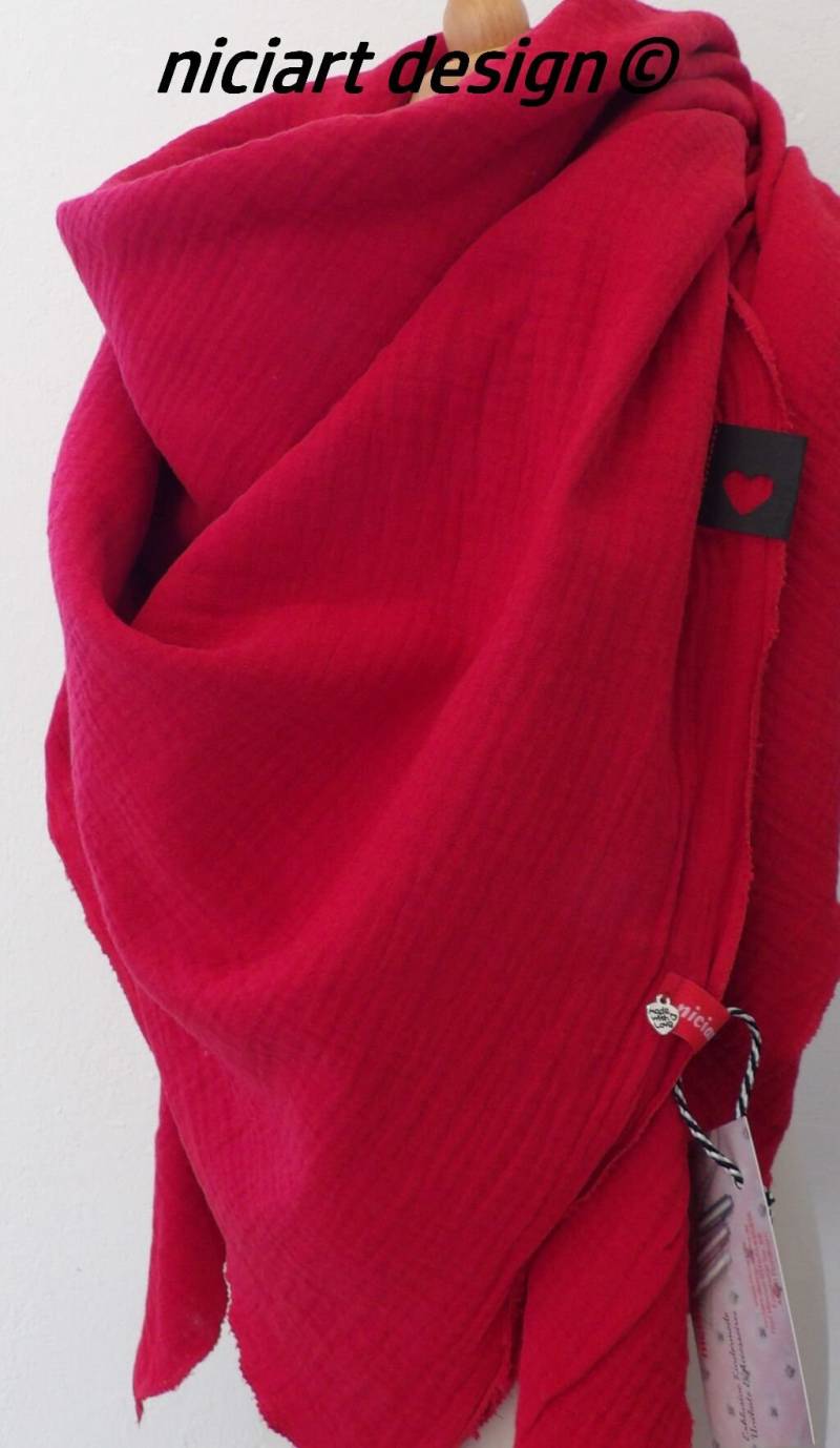 Niciart Designer Xxl Damen Damentuch Musselintuch Damenschal Dreieckstuch Schal Neu Chilirot Rot Uni Musselin 100% Baumwolle von niciartdesign