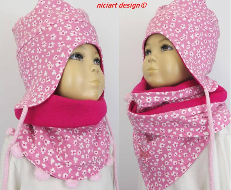 Ohrenmütze Mütze Herbst/Winter Kindermütze Bindebänder Rosa Pink Blümchen By Niciart Design von niciartdesign