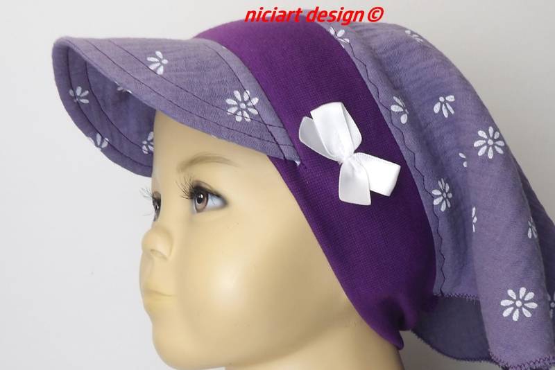 Schirmkopftuch Frühj Sommer Kopftuch M Bündchen Schirmmütze 100% Bw Musselin Altlila Weiß Blümchen Niciart Design von niciartdesign