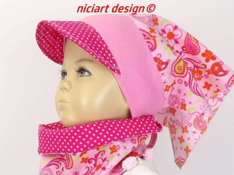 Schirmkopftuch Frühj Sommer Kopftuch M. Bündchen Schirmmütze 100% Baumwolle Paisleys Rosa Pink Wahlw. Loop Niciart Design von niciartdesign