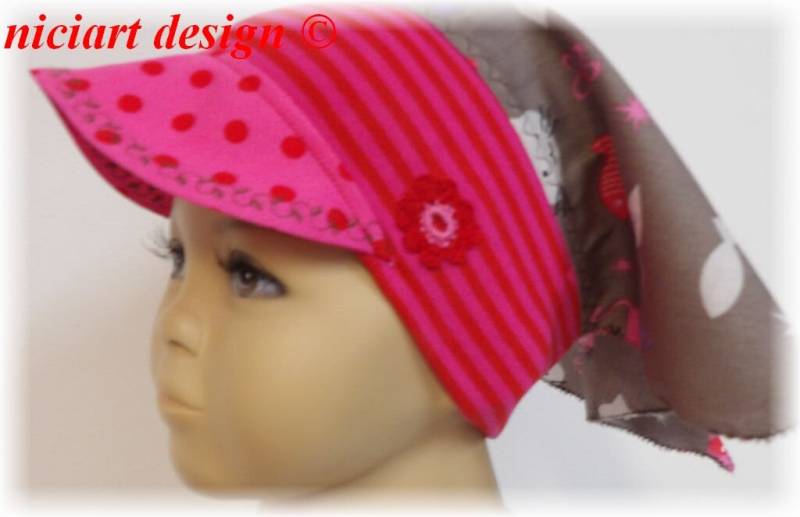 Schirmkopftuch Frühj Sommer Kopftuch M. Bündchen Schirmmütze Taupe Pink Rot Katz & Maus Niciart Design von niciartdesign