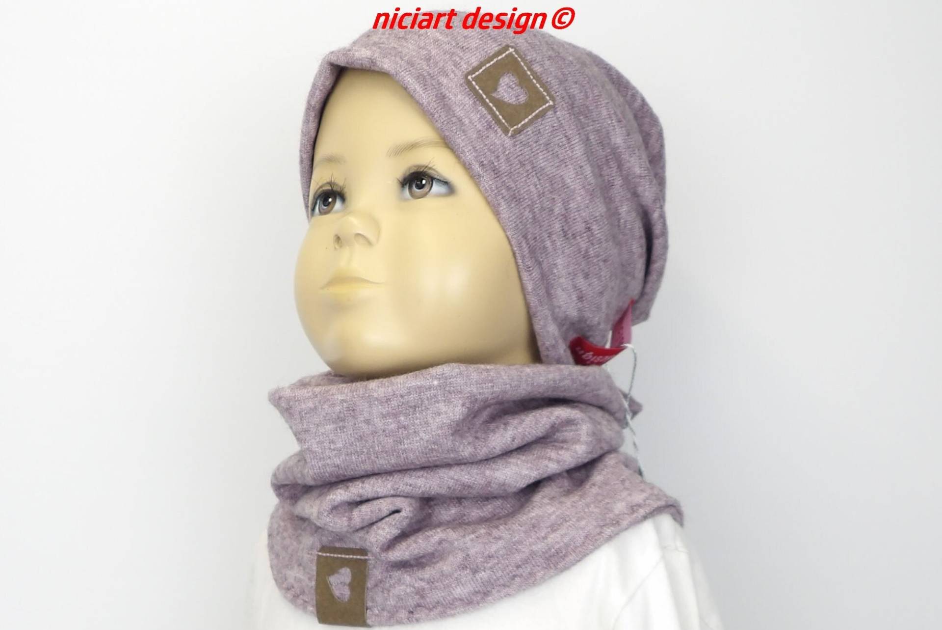 Set Beanie & Loop Feinstrick Schal Kuschel Mütze Beaniemütze U Winterschal Mauve Meliert Niciart Design von niciartdesign