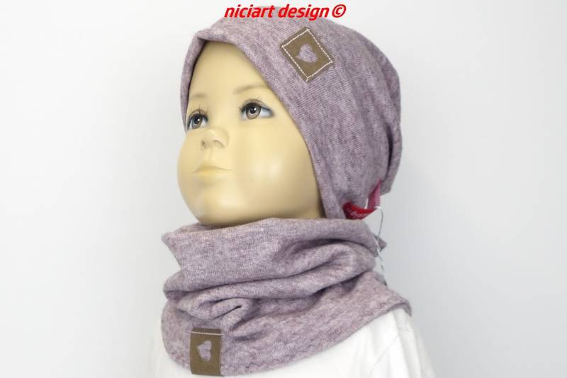 Set Beanie & Loop Feinstrick Schal Kuschel Mütze Beaniemütze U Winterschal Mauve Meliert Niciart Design von niciartdesign