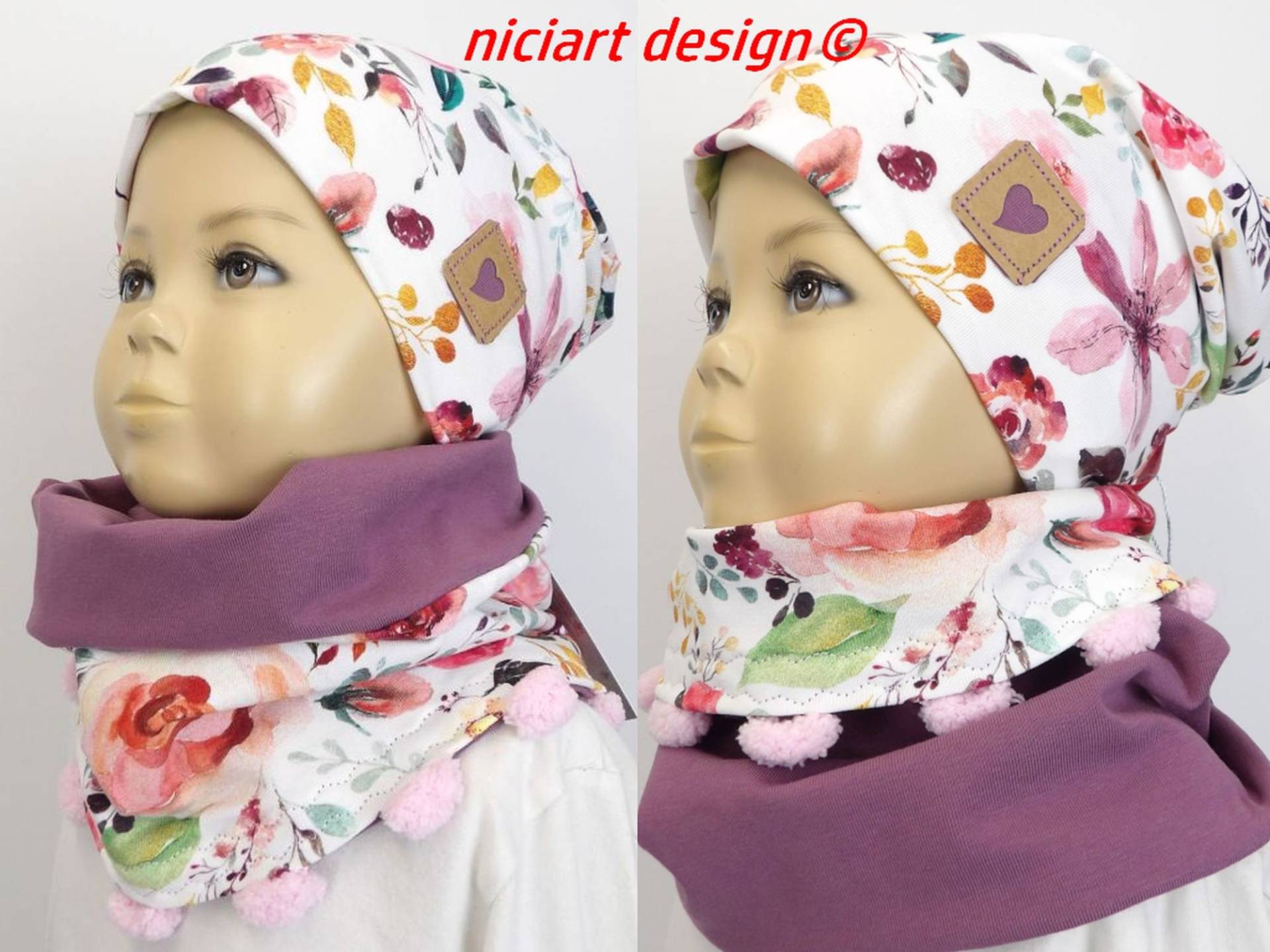 Set Beanie & Loop Mütze U Loopset M Bommeln Loopschal Halstuch Weiß Bunt Painted Flowers Niciart Design von niciartdesign