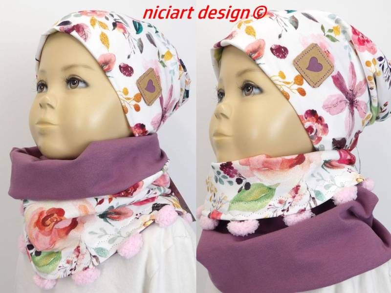 Set Beanie & Loop Mütze U Loopset M Bommeln Loopschal Halstuch Weiß Bunt Painted Flowers Niciart Design von niciartdesign