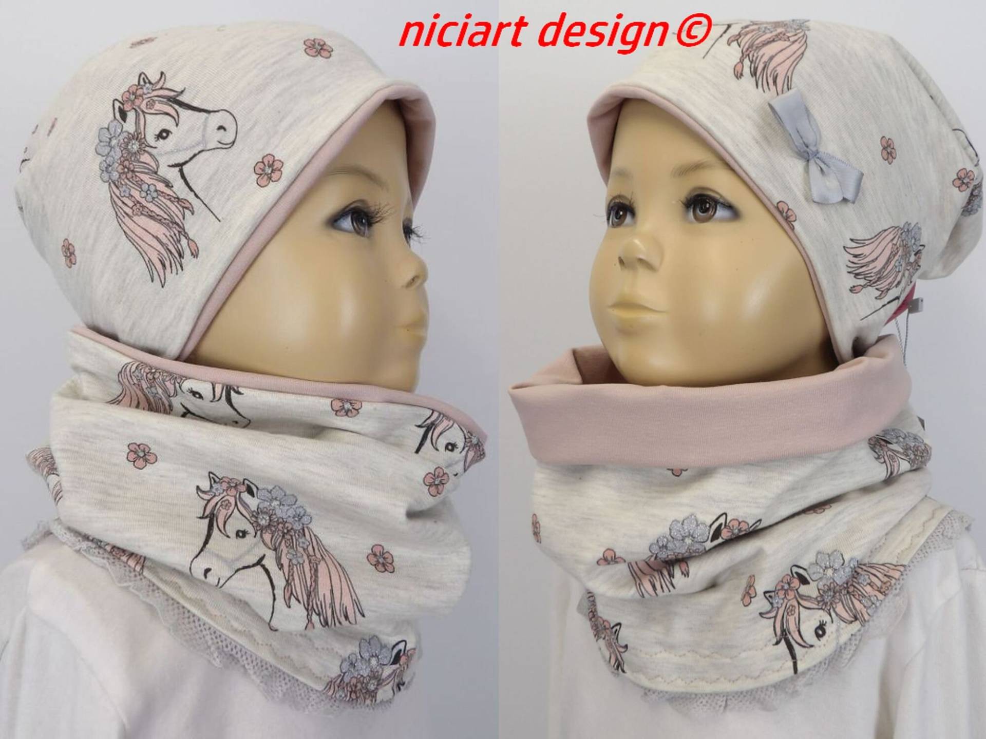 Set Beanie & Loop Mütze U Loopset M Spitze Loopschal Halstuch Pastellig Rosa Glitzerpony Niciart Design von niciartdesign
