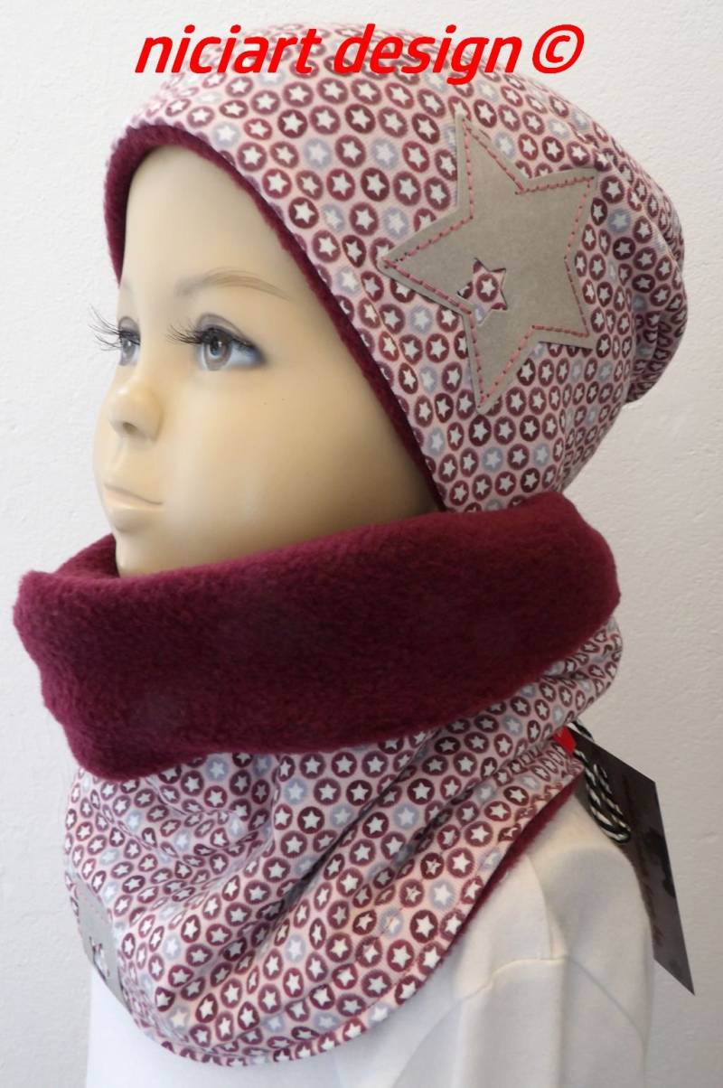 Set Beanie & Loop Schal Kuschel Mütze Beaniemütze Jersey U Fleece Beere Altrosa Hellgrau Sternchen Niciart Design von niciartdesign