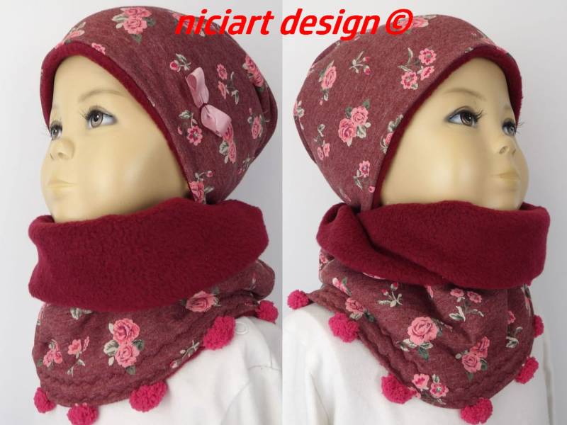 Set Beanie & Loop Schal Kuschel Mütze Beaniemütze Jersey U Polarfleece Bordeaux Röschen Niciart Design von niciartdesign