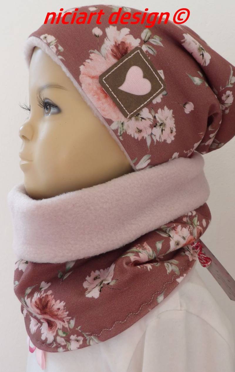 Set Beanie & Loop Schal Kuschel Mütze Beaniemütze Jersey U Polarfleece Hellbraun Rosa Rost Rosen By Niciart Design von niciartdesign