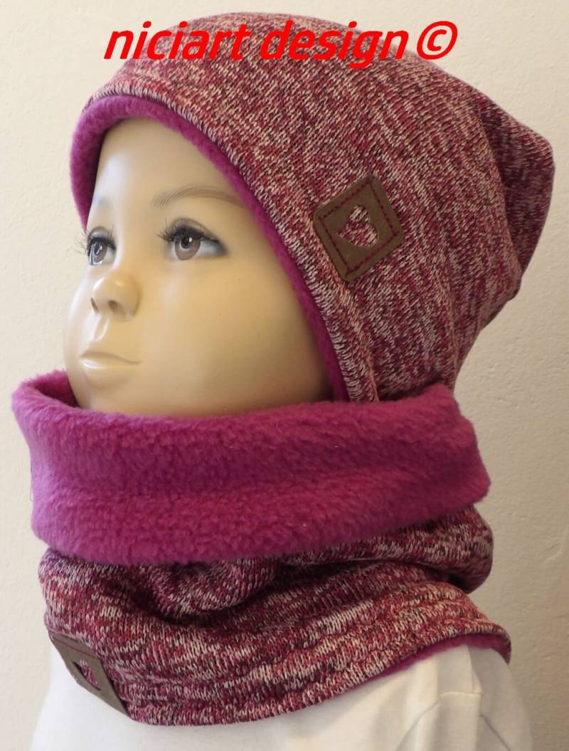 Set Beanie & Loop Schal Kuschel Mütze Beaniemütze Strick U Polarfleece Beere Meliert Niciart Design von niciartdesign