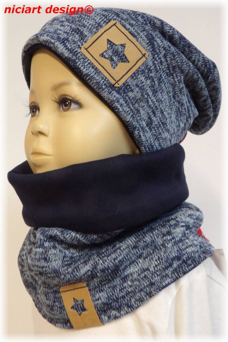 Set Beanie & Loop Schal Kuschel Mütze Beaniemütze Strick U Sweat O Fleece Blau Meliert Niciart Design von niciartdesign