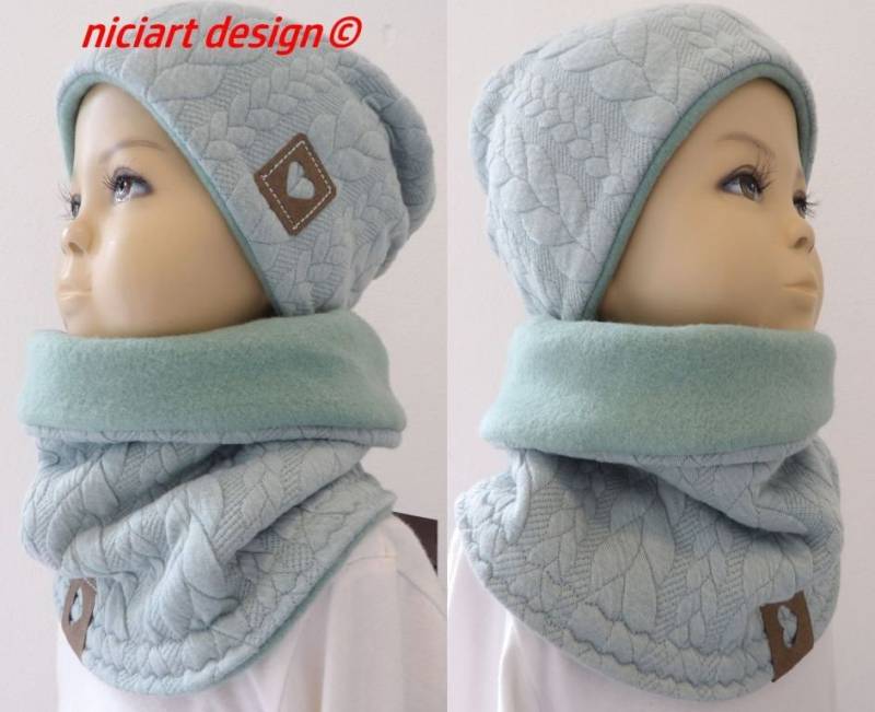 Set Beanie & Loop Schal Kuschel Mütze Beaniemütze U Winterschal Jacquardstrick Zopfmuster Baumwollfleece Mint Altmint Niciart Design von niciartdesign