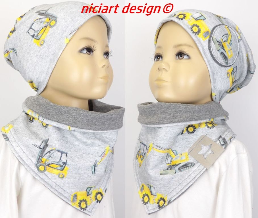 Set Frühjahr Sommer Mütze U Dreiecksloop Tube Beanie & Halstuch Jersey Hellgrau Gelb Bagger Co Niciart Design von niciartdesign