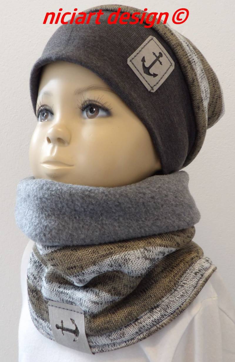 Set Herbst Winter Bündchen Mütze U Loop Schal Beanie & Halstuch Bw Strick Polarfleece Hellbraun Grau Meliert Streifen Niciart Design von niciartdesign