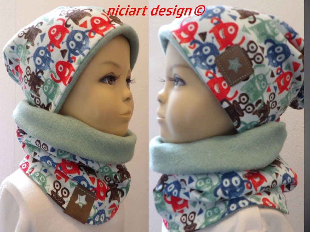Set Herbst Winter Mütze U Loop Schal Beanie & Halstuch Jersey Baumwollfleece Mint Bunt Monstaaa Niciart Design von niciartdesign
