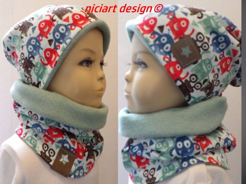 Set Herbst Winter Mütze U Loop Schal Beanie & Halstuch Jersey Baumwollfleece Mint Bunt Monstaaa Niciart Design von niciartdesign