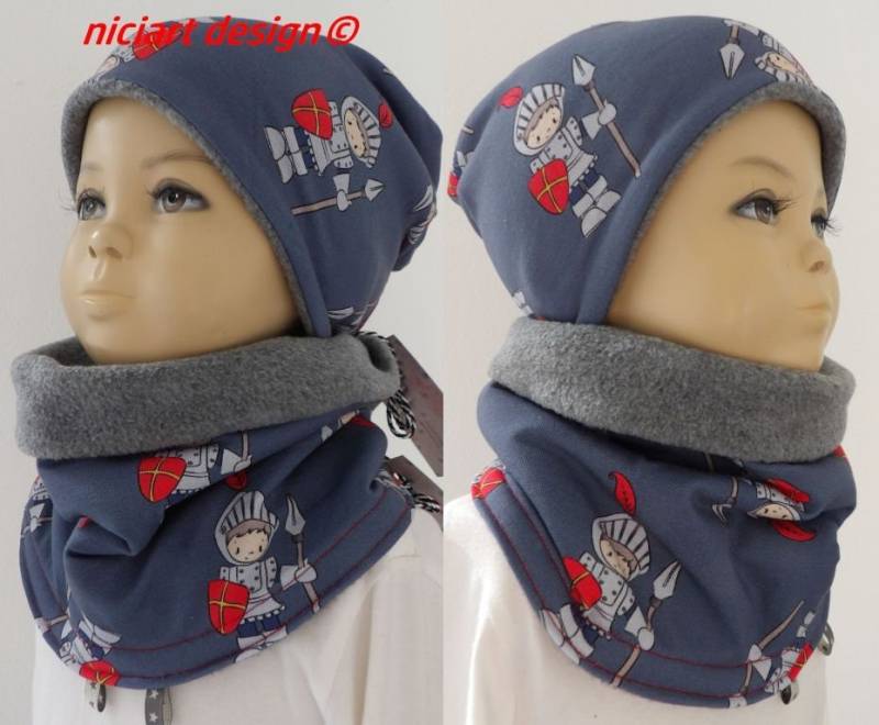 Set Herbst Winter Mütze U Loop Schal Beanie & Halstuch Jersey Polarfleece Grau Blau Rot Ritter Niciart Design von niciartdesign