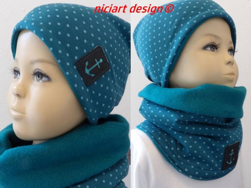 Set Herbst Winter Mütze U Loop Schal Beanie & Jersey Baumwollfleece Petrol Pünktchen Niciart Design von niciartdesign