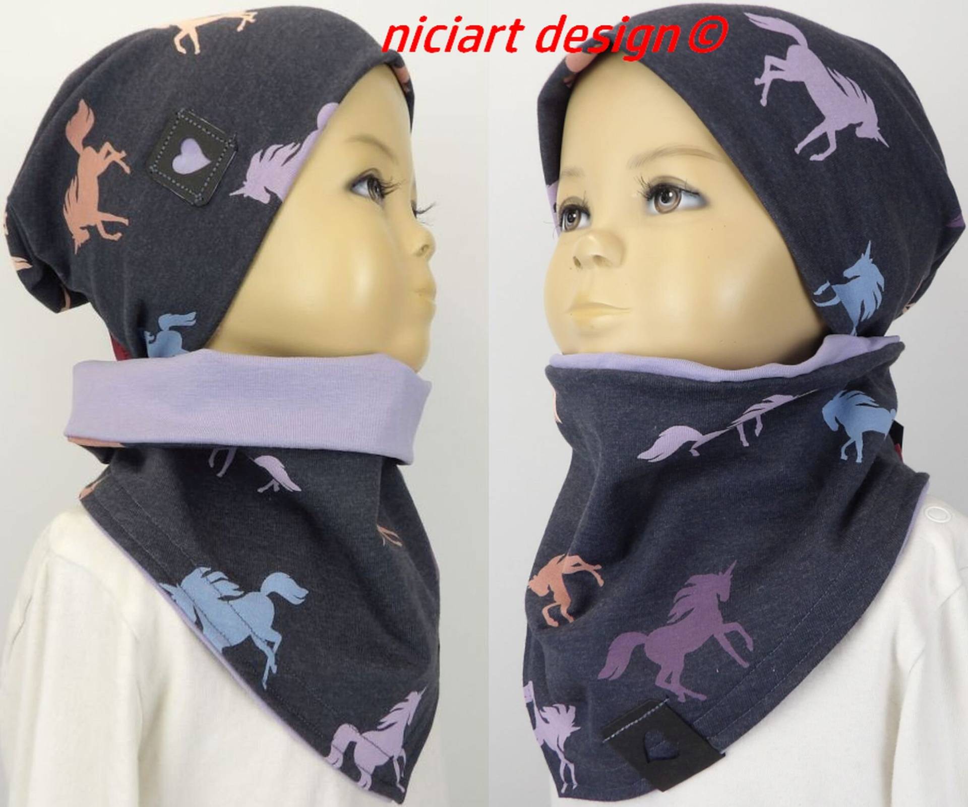 Set Mütze Loop Beanie & Dreiecksloop Jersey Beaniemütze U Loopschal Einhörner Einhorn Pony Niciart Design von niciartdesign