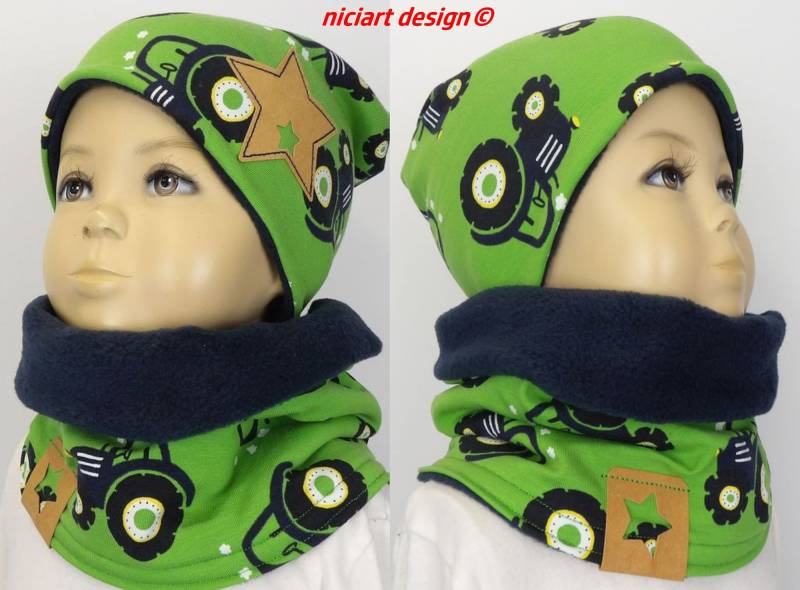 Set Mütze U Loop Beanie & Schal Bw - Jersey Fleece Grün Traktor Niciart Design von niciartdesign