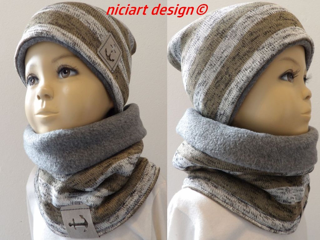Set Mütze U Loop Schal Beanie & Halstuch Bw Strick Polarfleece Hellbraun Grau Meliert Streifen Niciart Design von niciartdesign