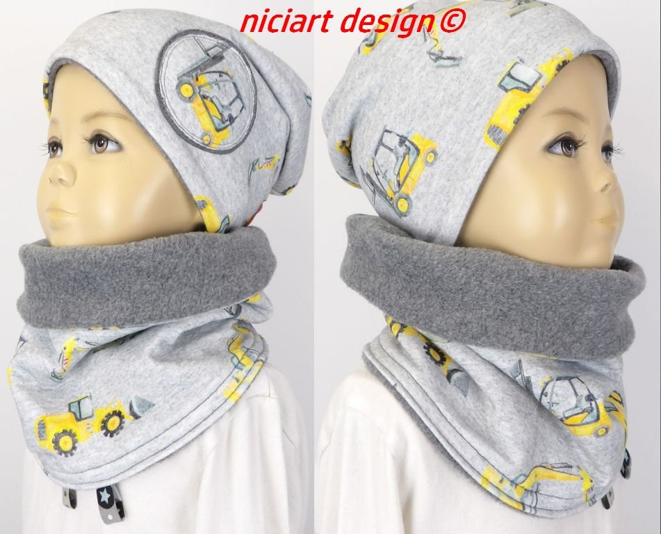 Set Mütze U Loop Schal Beanie & Jersey Polarfleece Hellgrau Gelb Bagger Co. Niciart Design von niciartdesign
