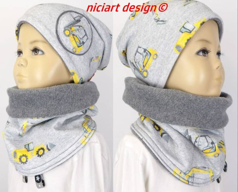 Set Mütze U Loop Schal Beanie & Jersey Polarfleece Hellgrau Gelb Bagger Co. Niciart Design von niciartdesign
