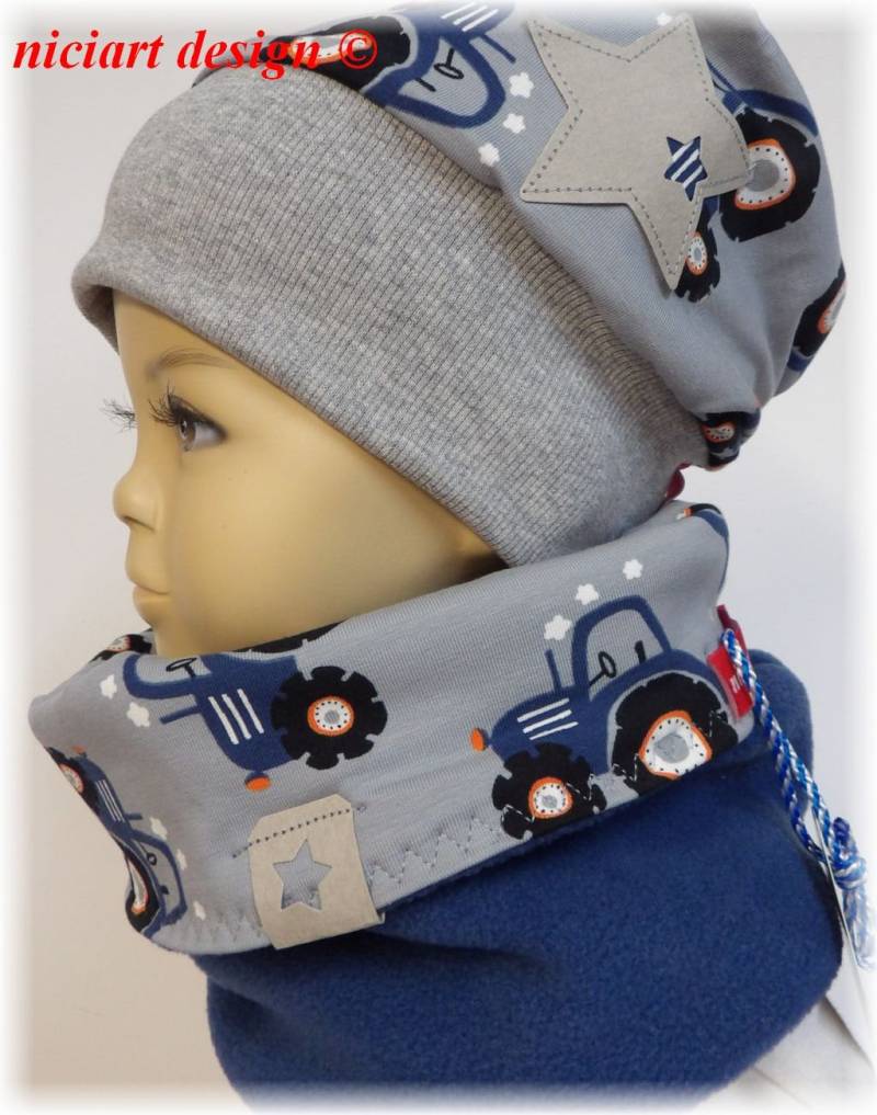 Set Mütze U Loop Schal H/W Bündchen Beanie & Halstuch Jersey Polarfleece Grau Jeansblau Trecker Traktor Niciart Design von niciartdesign