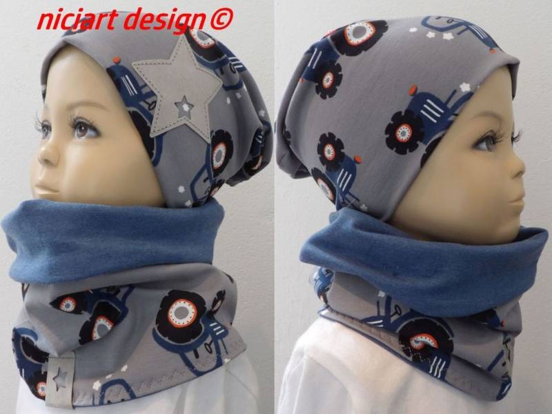 Set Mütze U Loop Tube Beanie & Halstuch F/S Jersey Grau Jeansblau Traktor Trecker Niciart Design von niciartdesign