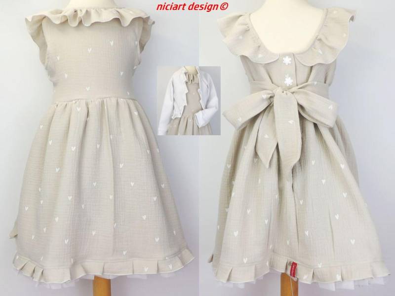 Sommerkleid Musselinkleid Blumenmädchen Partykleid Einschulungskleid Herzchen Beige Weiß Wahlweise Bolerojacke Niciart Design von niciartdesign