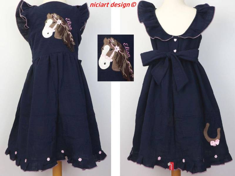 Sommerkleid Musselinkleid Pony Pferd Blumenmädchen Partykleid Einschulungskleid Dunkelblau Wahlw M Bolerojacke Niciart Design von niciartdesign