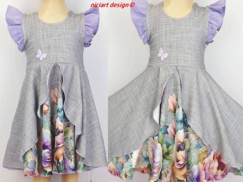 Sommerkleid Partykleid Einschulungskleid Drehkleid Baumwolljersey Grau Flieder Bunt Blumen Wahlweise M Bolerojacke Niciart Design von niciartdesign