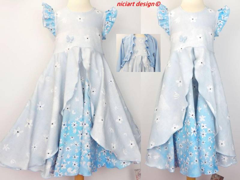 Sommerkleid Partykleid Einschulungskleid Drehkleid Baumwolljersey Hellblau Weiß Blumen Wahlweise M Bolerojacke Niciart Design von niciartdesign