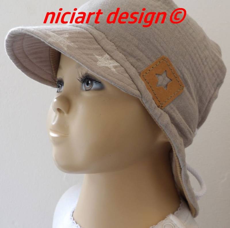 Sommermütze Musselinmütze Nackenschutz Musselin Sommerhut Schirmmütze Nackenmütze 100% Baumwolle Beige Sternchen von niciartdesign