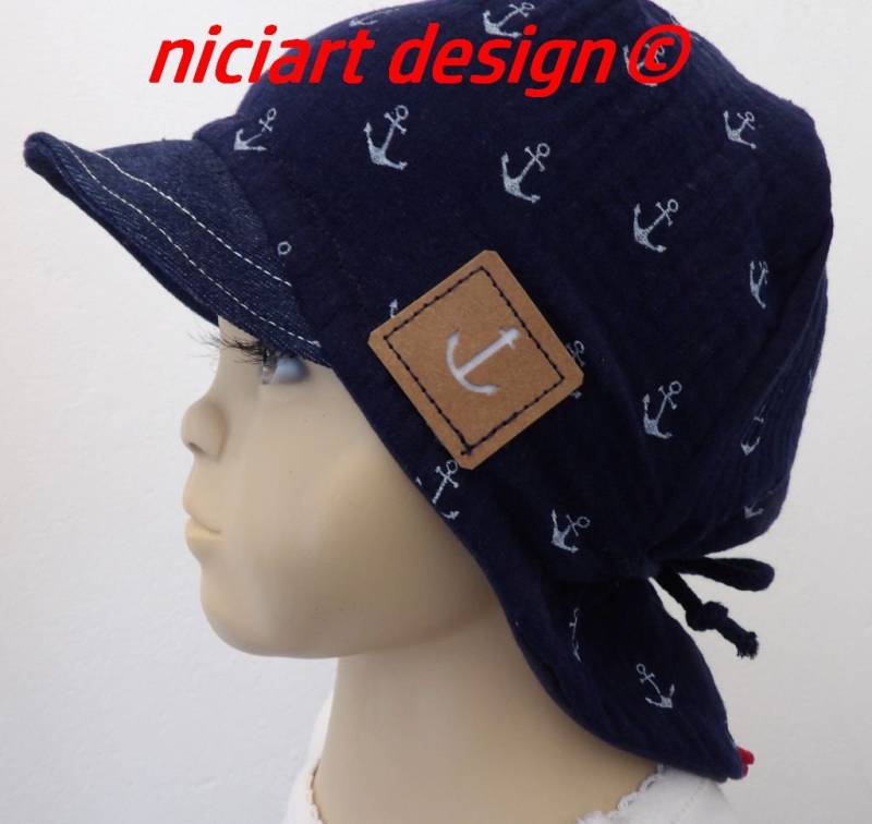 Sommermütze Musselinmütze Nackenschutz Musselin Sommerhut Schirmmütze Sonnenhut 100% Baumwolle Maritim Dunkelblau Anker Niciart Design von niciartdesign