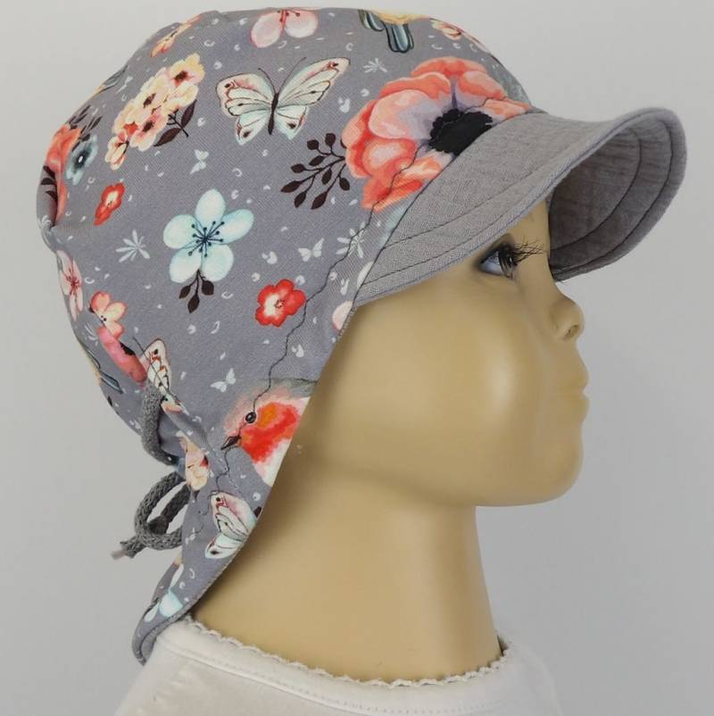 Sommermütze Nackenschutz Nackenmütze Sommerhut Schirmmütze Bw Jersey Mütze Grau Bunt Rotkehlchen Niciart Design von niciartdesign